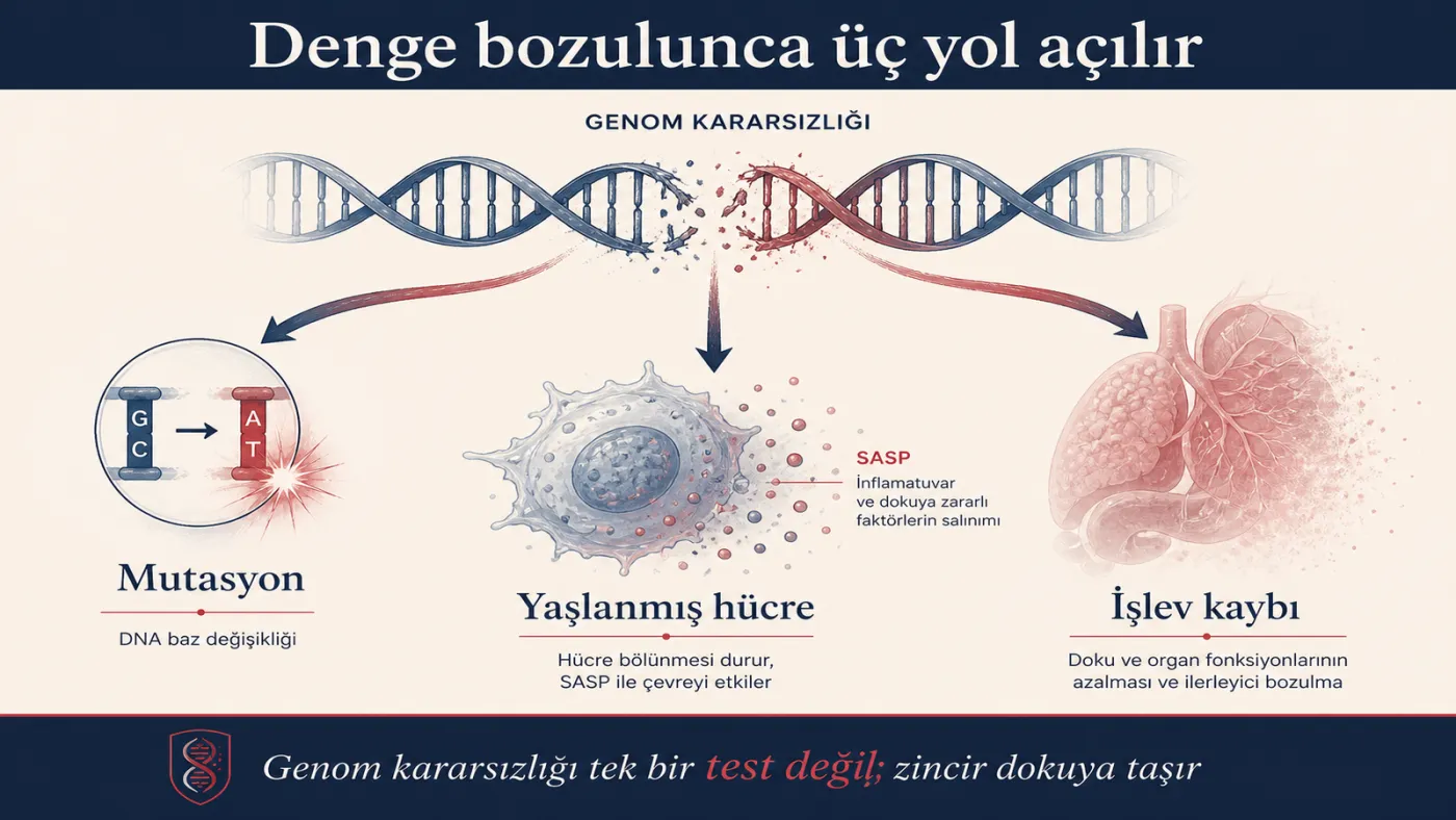 Hasar onarımı aşınca mutasyon, yaşlanmış hücre birikimi ve işlev kaybı — üç yol