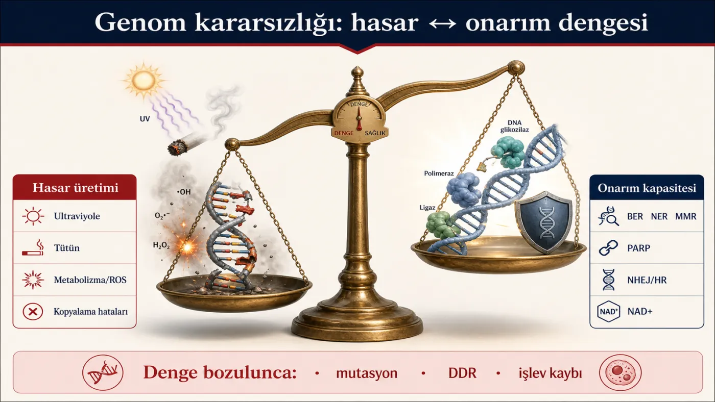 DNA hasar üretimi ile onarım kapasitesi dengesi — şematik çizim