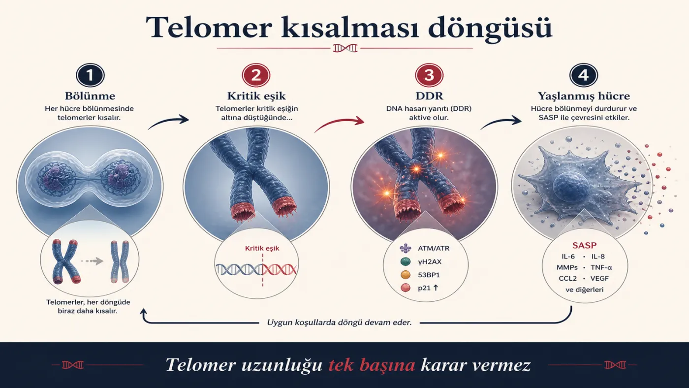 Hücre bölünmesiyle telomer kısalması — dört aşamalı şema